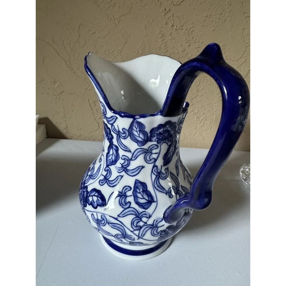 Vintage Blue And White Ceramic Pitcher Floral Chinoiserie Twig Handle 7 in Vase